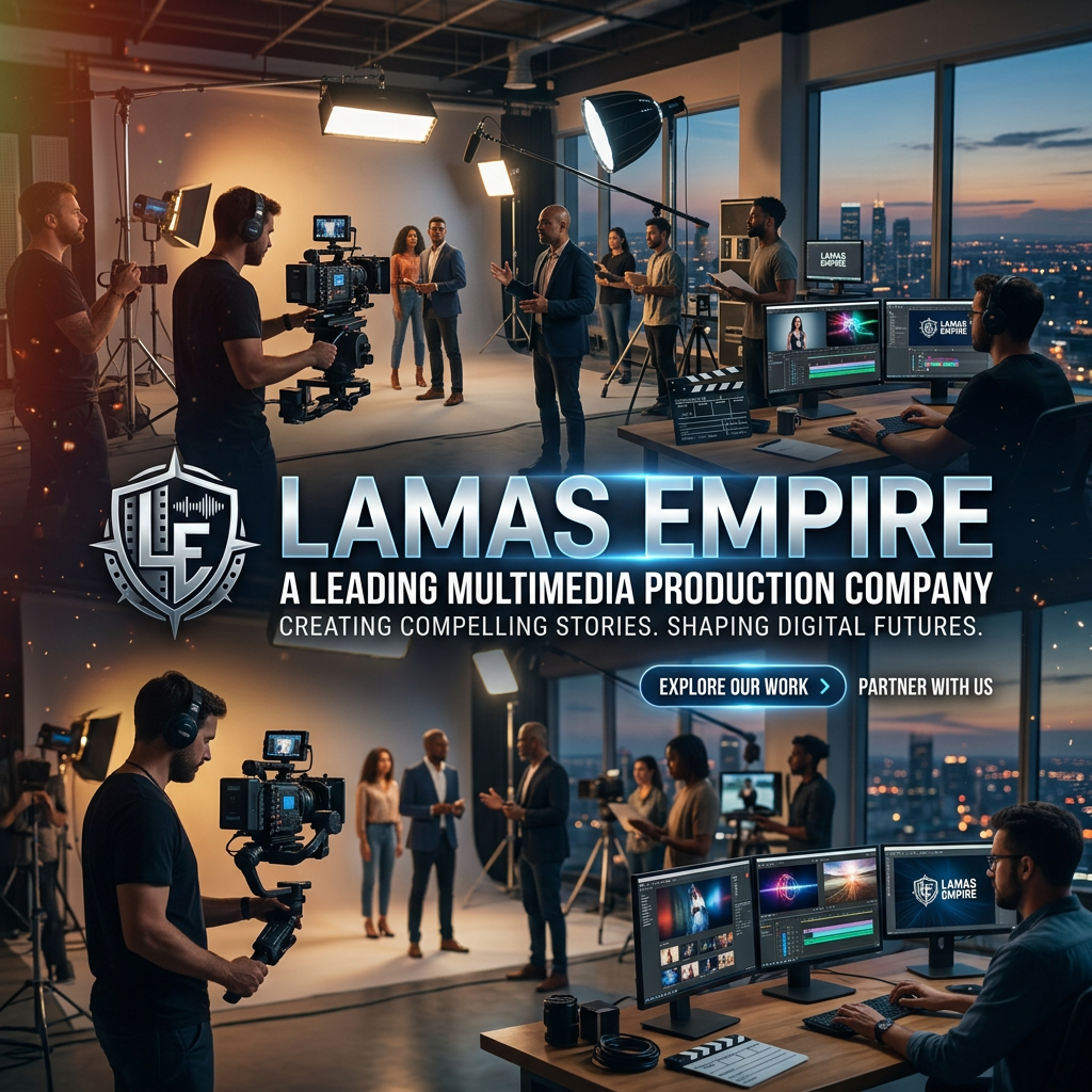 Multimedia production team filming and editing video in a studio