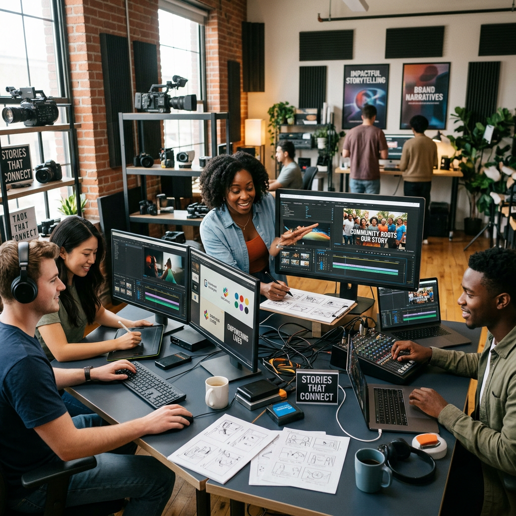Team working on video editing with multiple monitors and storyboards in a creative studio