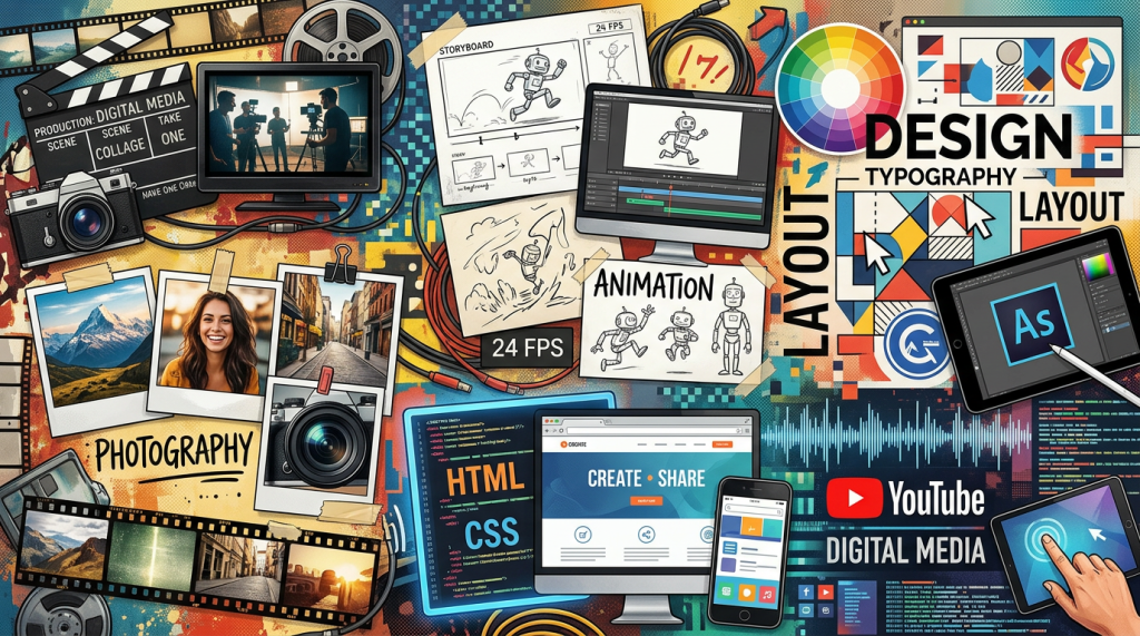 Collage of photography, animation, design tools, and digital media concepts including cameras, storyboard sketches, computer screens, and coding.