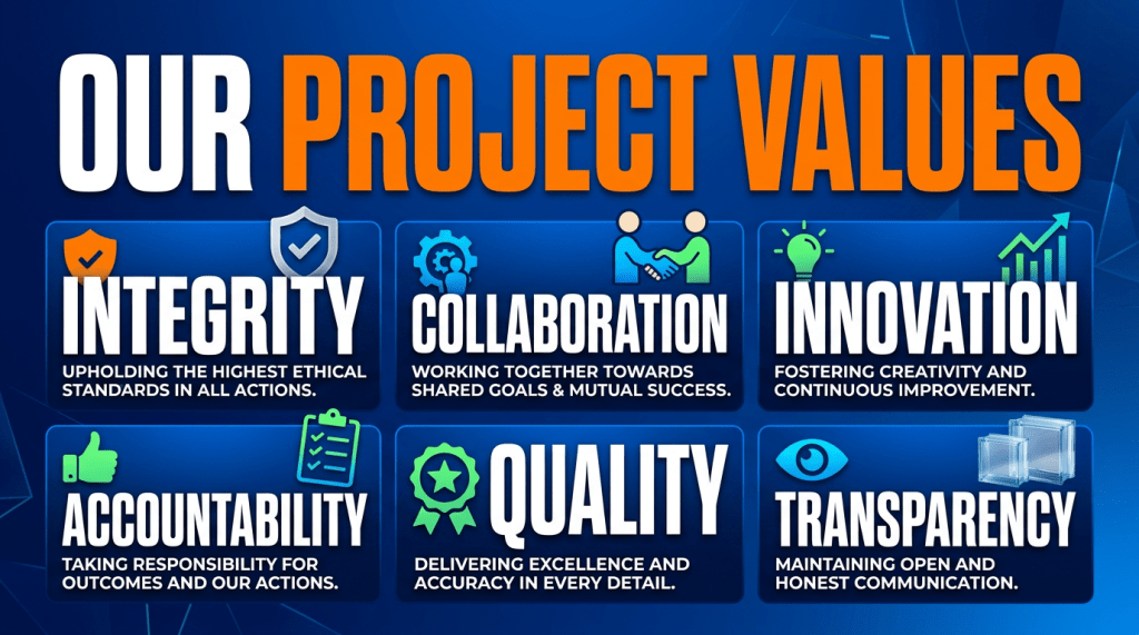 Project values text layout with bold typography