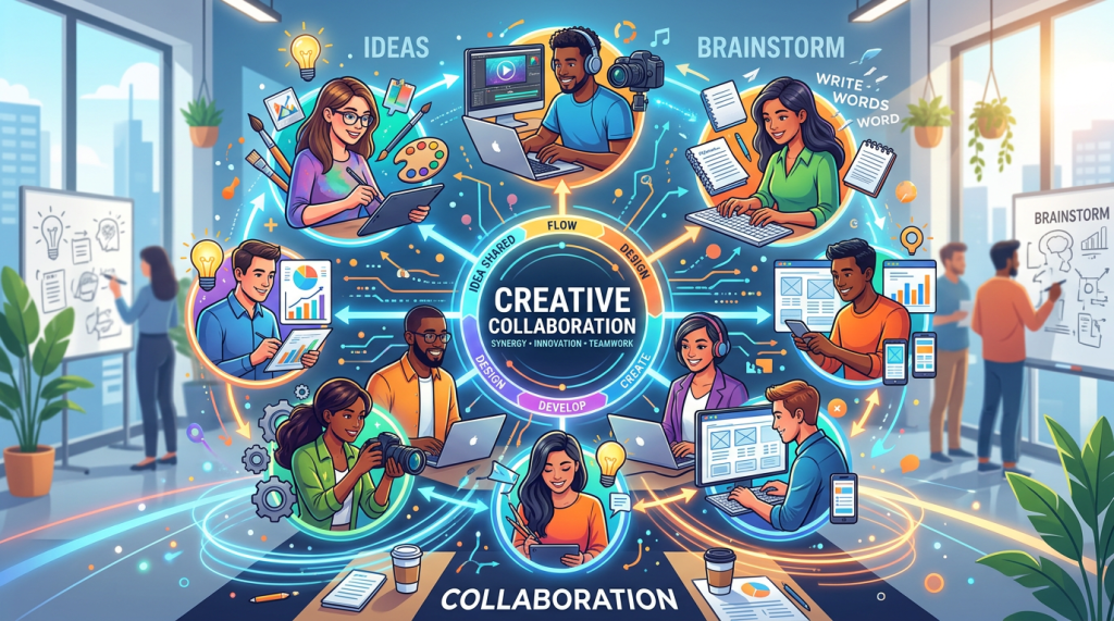 Group of diverse people working together on laptops, tablets, cameras, and brainstorming ideas